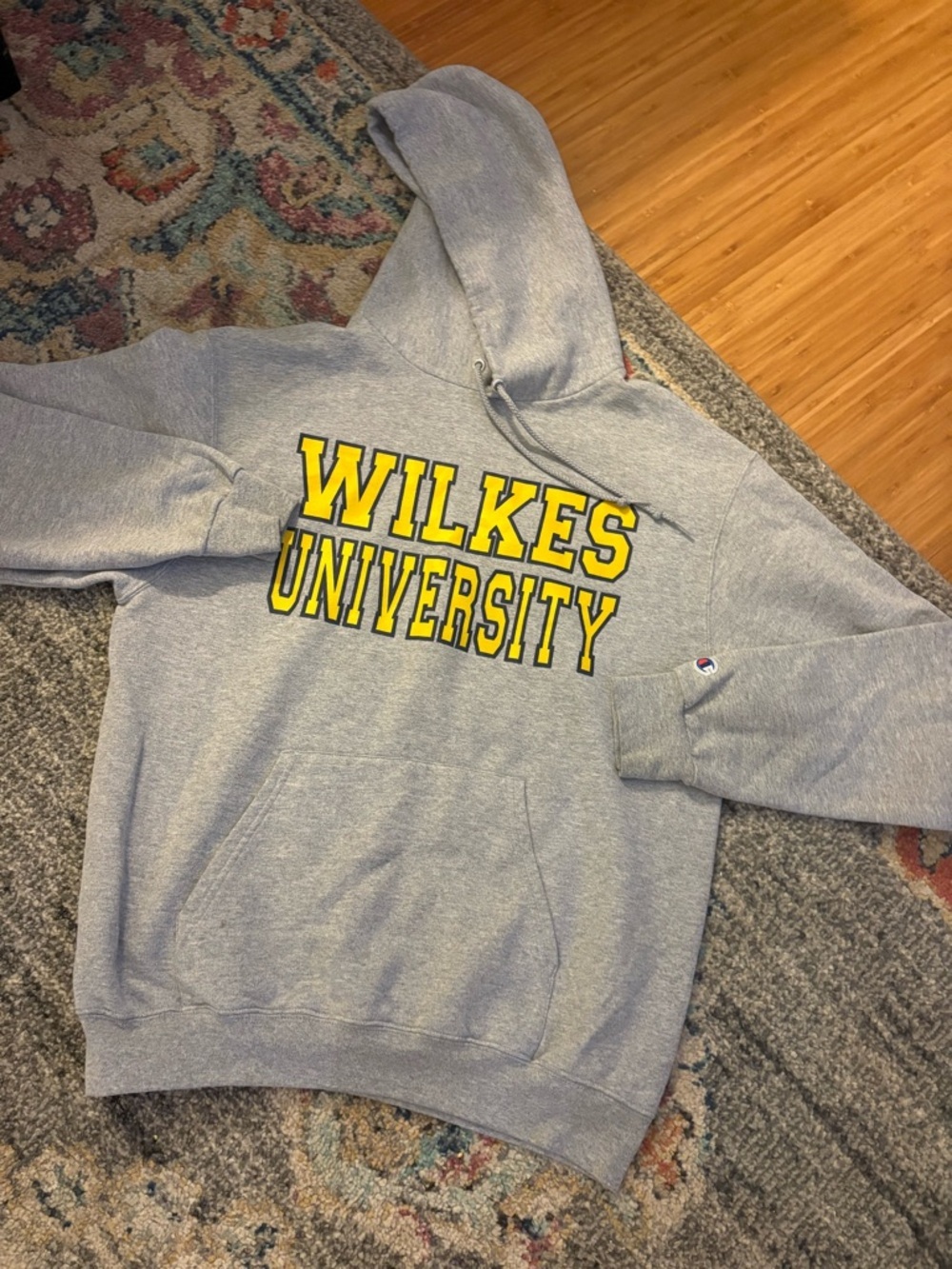 Champion Gray Pullover Hoodie with Yellow Wilkes University Script